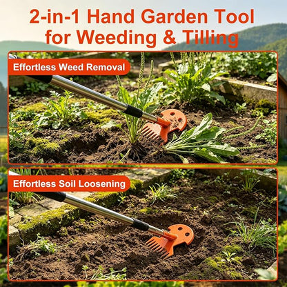 Weed Puller Tool with Long Handle, Upgraded Garden Weed Pulling Tool, Dual Purpose 9-Tine Weed Remover Tool, Uprooting Weeding Tool for Vegetable Gardening, Backyard Farm Planting