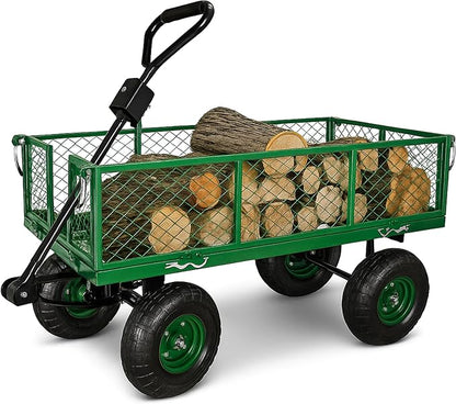 Backyard Expressions Heavy Duty 600 Lbs Capacity Mesh Steel Garden Cart Folding Utility Wagon with Removable Sides and (4) 10 Inch Wheels (Green)
