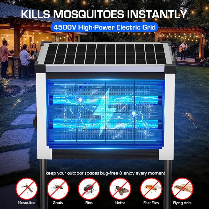 Solar Bug Zapper Outdoor Waterproof, 4500V High Power Cordless Mosquito Zapper with Smart Light Sensor, Dual Solar & USB Rechargeable Insect Killer for Patio, Garden, Backyard, Indoor & Outdoor Use