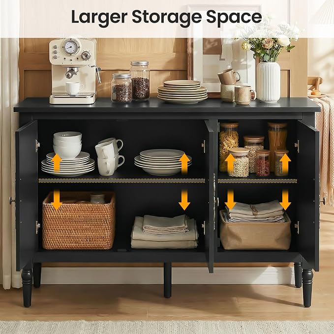 RoyalCraft Buffet Sideboard Cabinet with 3 Doors, Wooden Coffee Bar Credenza with Adjustable Shelves, Vintage Storage Cabinet for Kitchen Dining Entryway Living Room, Black