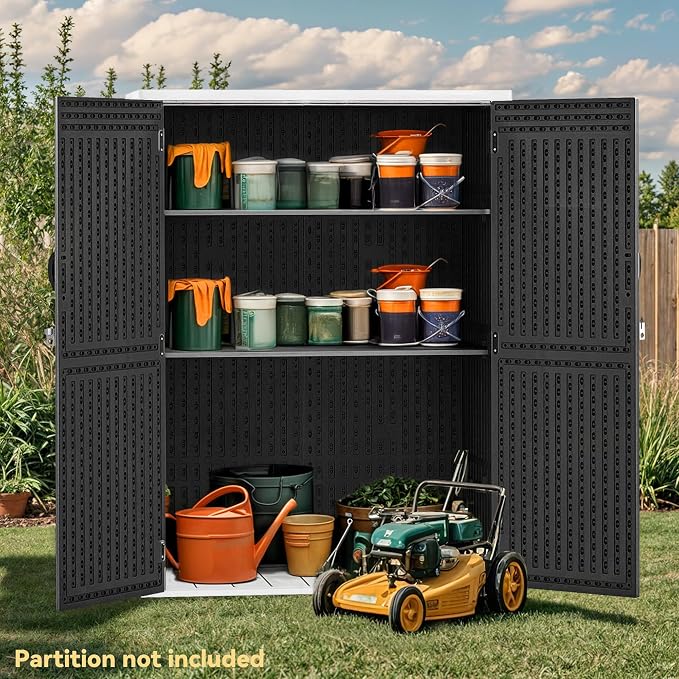DWVO 59 Cu. Ft. Vertical Storage Shed, Weatherproof Outdoor Tall Cabinet with Double-Wall Panels and Floor, Lockable Resin Shed for Garden, Garage, Patio, Dark Gray (Shelves Not Included)