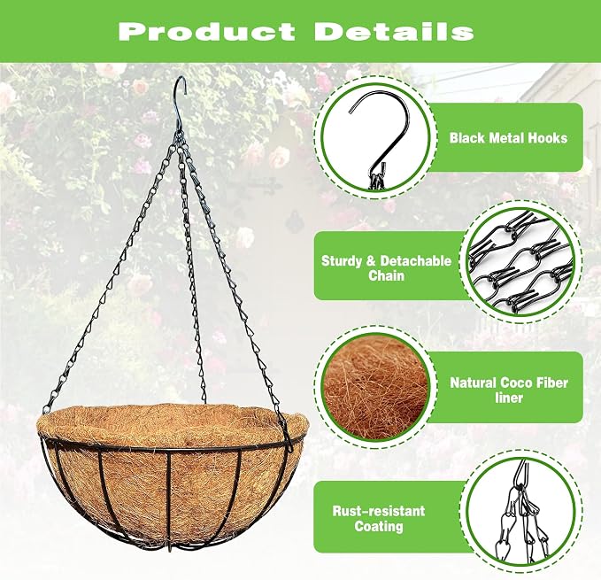 2 Pack 12 Inch Black Metal Hanging Basket Hanging Planter with Coco Coir Liner Heavy Duty Hanging Flower Pot Holder for Indoor Outdoor Patio Garden Porch Balcony Decor (Watermelon)