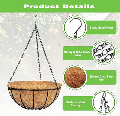 2 Pack 12 Inch Black Metal Hanging Basket Hanging Planter with Coco Coir Liner Heavy Duty Hanging Flower Pot Holder for Indoor Outdoor Patio Garden Porch Balcony Decor (Watermelon)