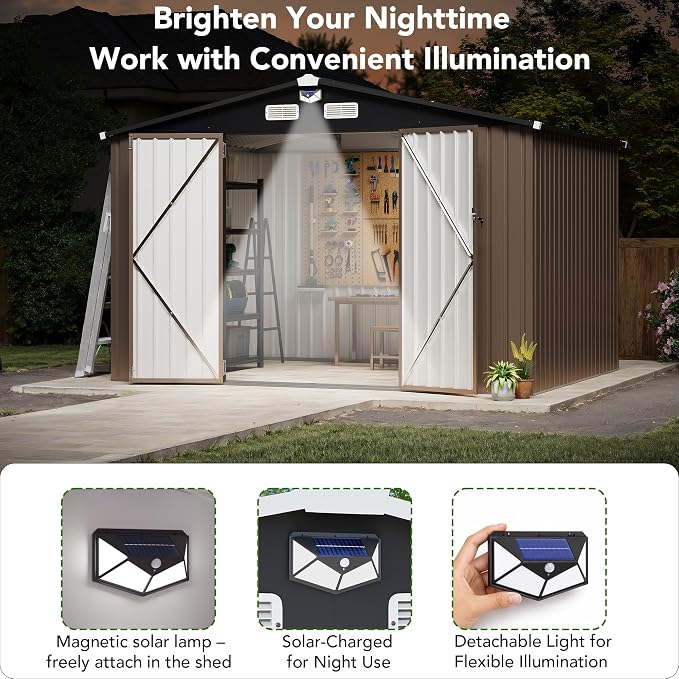MXV 10 x 8FT Outdoor Storage Shed, Metal Garden Shed with Windows, Double Lockable Doors & Sloped Roof, Magnetic Solar Lamp, Waterproof Tool Sheds for Backyard Garden Patio Lawn, Brown