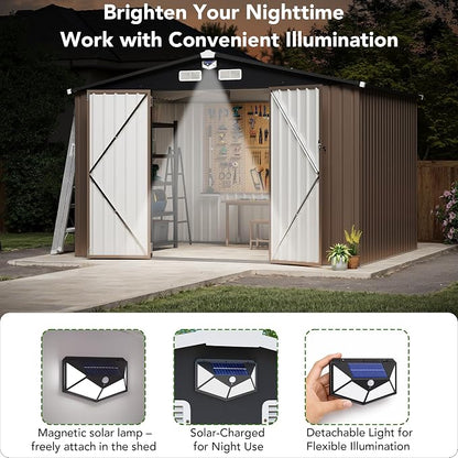 MXV 10 x 8FT Outdoor Storage Shed, Metal Garden Shed with Windows, Double Lockable Doors & Sloped Roof, Magnetic Solar Lamp, Waterproof Tool Sheds for Backyard Garden Patio Lawn, Brown