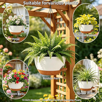 2 Pack 10 Inch Self Watering Hanging Planters for Indoor Plants, Large White Brown Plastic Hanging Pots with Chains for Outdoor Patio Garden Home Decor (White Brown)