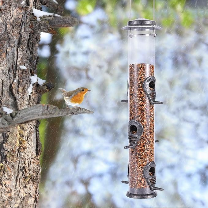 MIXXIDEA 1PK Metal Bird Feeders with 6 Feeding Ports,Tube Bird Feeder with Steel Hanger,Hard Plastic Wild Bird Feeder for Outdoors Hanging, Attracting Birds in Your Lawn, Garden, Balcony-Grey