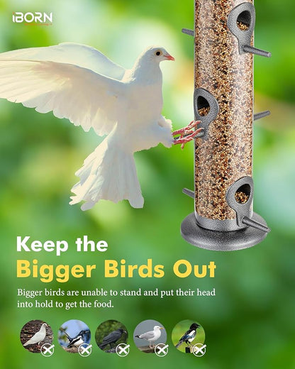 iBorn Metal Bird Feeder Hanging Wild Bird Seed Feeder for Mix Seed Blends Heavy Duty All Metal Silver Finish,15 Inch 6 Port(Seed is not Included),Gift Box