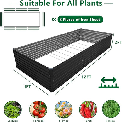 DIIYIV Galvanized Raised Garden Bed Kit Outdoor Patio,12x4x2ft Large Rectangular Metal Planter Boxes,Deep Root Box Planter for Gardening,Vegetables,Flowers,Herbs-Black