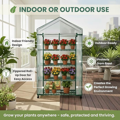 4 Tier Mini Greenhouse - Portable Greenhouse with Locking Wheels and PVC Cover for Indoor or Outdoor Green House by Pure Garden