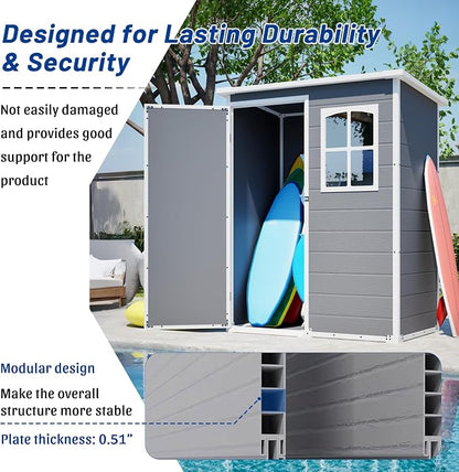 PVWIIK 5x3 ft Resin Outdoor Storage Shed with Floor & Window, Lockable Waterproof All-Weather Utility Shed for Garden Tools & Trash Bins, Gray-White