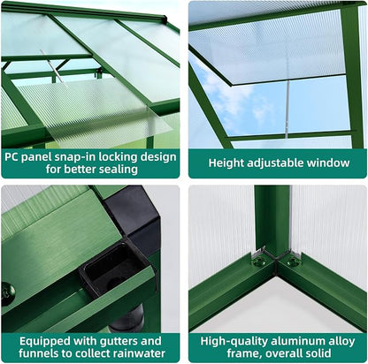 8x12 FT Greenhouse - Large Aluminum Greenhouses for Outdoors | Walk-in Polycarbonate Greenhouse with Roof Vent & Ground Nails, Heavy Duty Green Houses for Garden, Backyard, Patio