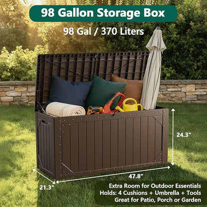 Outdoor Storage Box, 98 Gallon Deck Box, Outdoor Storage Bench, Waterproof Resin Storage Bench with Lockable Lid, Patio Furniture Cushions & Garden Tools Storage, UV Resistant (Brown)