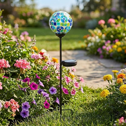VCUTEKA Solar Lights Outdoor Decorative - Waterproof Mosaic Solar Garden Light, LED Pathway Stake for Landscape Lawn Patio Yard, Solar Globe Lights Outdoor, 1 Pack Green Blue