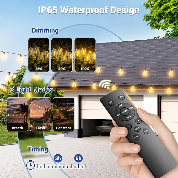 30FT Solar String Lights Outdoor Waterproof, 10+1 LED Solar Powered Lights with Remote Control, 3 Light Modes & Dimmable, USB-C Charging for Patio, Backyard, Garden, Camping
