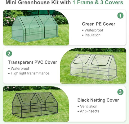 Aoodor 6 x 3 x 3 ft Mini Greenhouse with 2 Zipper Doors, Water-Resistant, UV-Protected for Flowers, Vegetables, and Herbs, Includes 3 Covers
