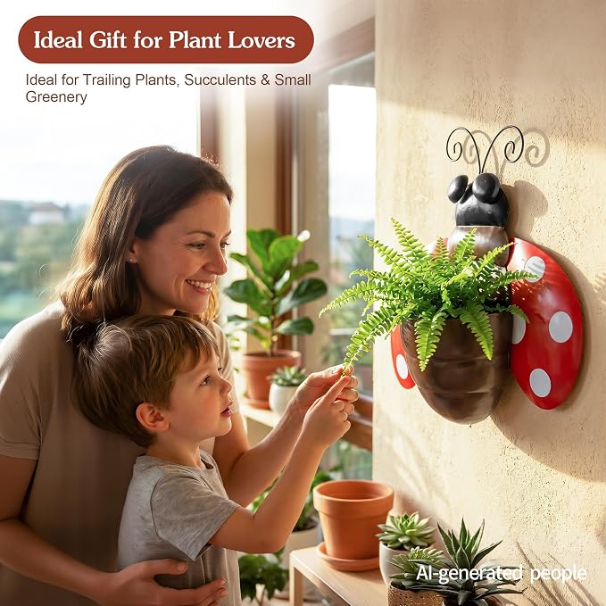 Ladybug Metal Wall Planter, Wall Mount Hanging Succulent Pot with Drainage | Cute farmhouse ladybug wall mount pot with drainage hole, garden decor for yard, indoor & outdoor succulent wall container.