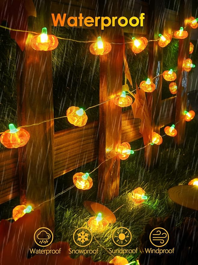 2 Pack 60LED Fall Decorations 3D Pumpkin String Lights Battery Operated, 20FT Orange Fall Lights with Remote & Timer, Waterproof 8 Modes Fairy Twinkle Light for Harvest Thanksgiving Halloween Decor