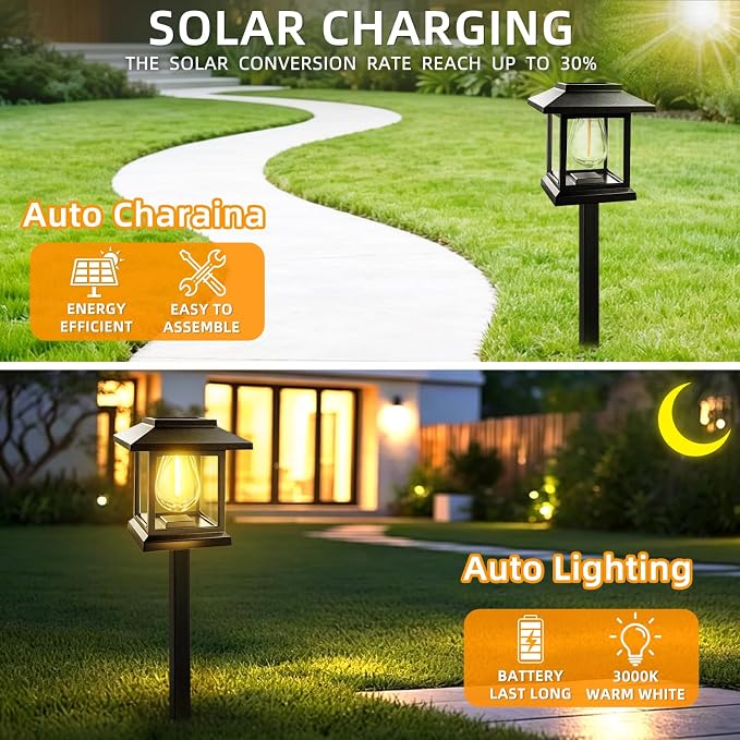 6-Pack Solar Pathway Lights - High-Efficiency Polycrystalline Panels for All-Night Glow - IP65 Waterproof Outdoor Landscape Lighting for Garden, Walkway & Driveway Security (Black)