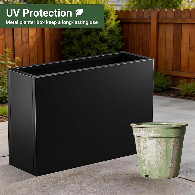 Metal Planter Box 36” x 12” x 24” for Porch, Garden, Patio, Yard | Heavy Duty Rectangle Planter Box with with Drainage Holes & Rust-Proof Coating, Modern Outdoor/Indoor Black Planter Box