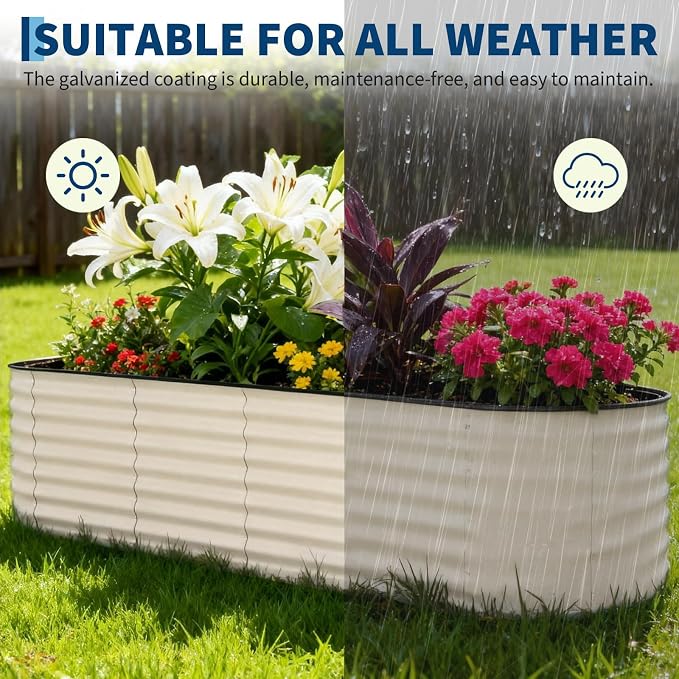 Garvee 8x2x1.5ft Galvanized Raised Garden Bed, Oval Metal Planter Box with Anti-Cut Safety Edges, 179 Gallons Rust-Resistant Deep Root Planter for Outdoor Vegetables, Flowers, Herbs, Beige