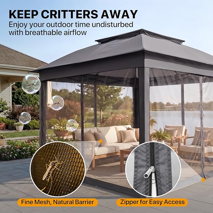 COOS BAY 11x11 Pop Up Gazebo with Mesh Netting, Instant Outdoor Canopy Tent, Water Resistant Shelter with UPF 50+ UV Protection, 121 Sq Ft Coverage, Dark Gray