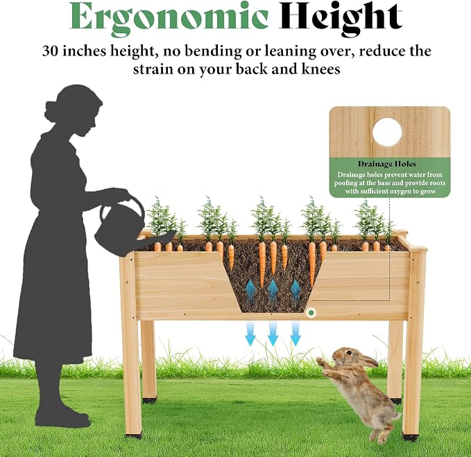 AMERLIFE Raised Garden Bed, 48x30x24 Inches Elevated Wood Planter Box with Bed Liner, Legs, Divider, Drainage Holes, Stand for Backyard, Patio, 330 Lb Capacity - Light Wood