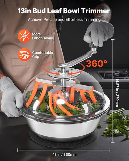 VEVOR Bud Leaf Bowl Trimmer 13", Spin Cutting Machine with Clear Visibility Lid, Sharp Stainless Steel Blades, Wet & Dry Trimming for Buds, Leaves, Hydroponics, Hand Pruner Included (Upgraded Version)