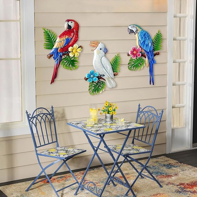 Limygus 3 Pcs Tropical Vivid Parrots on Branch Metal Wall Art, Indoor Outdoor Hanging Decor for Garden Fence Patio Courtyard