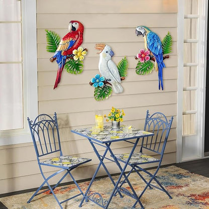 Limygus 3 Pcs Tropical Vivid Parrots on Branch Metal Wall Art, Indoor Outdoor Hanging Decor for Garden Fence Patio Courtyard