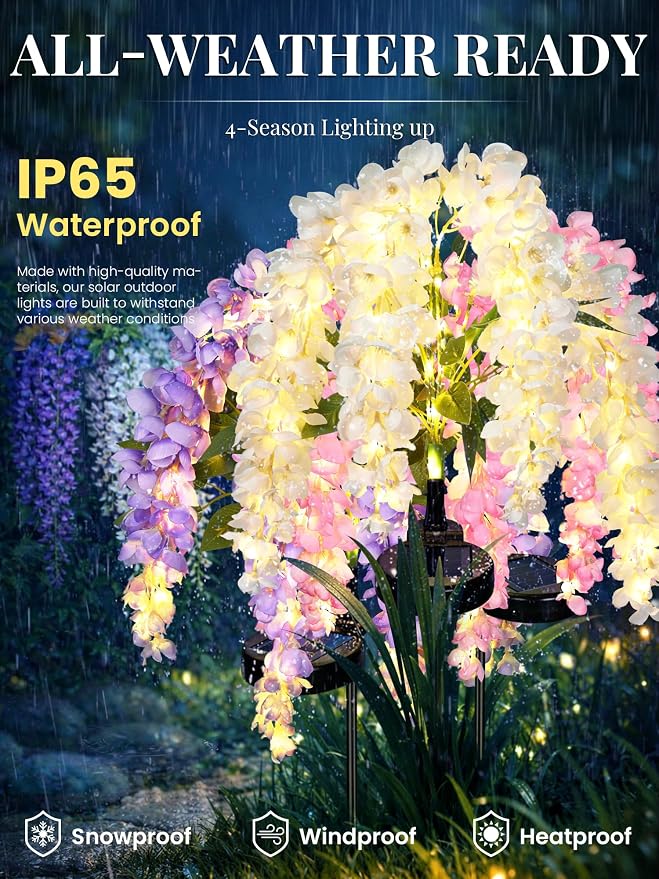 GIGALUMI Solar Lights Outdoor for Garden Decor, 6 Pack Solar Flower Lights Waterproof, 2 Lighting Modes Wisteria for Pathway,Yard, Patio Decoration, Gardening Gifts for Women (Multi-Colored)