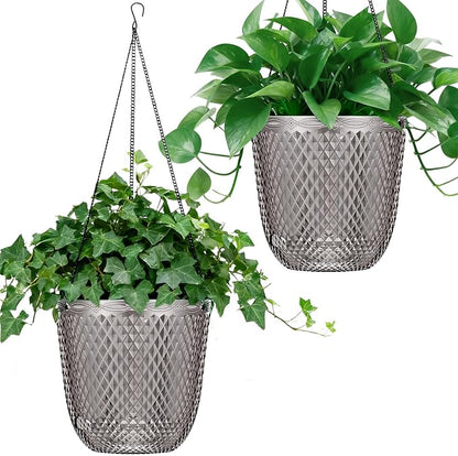 QCQHDU Hanging Planters for Indoor Plants, 2-Pack, 7.2 Inch, Gray | Plastic, Self Watering Plant Hanger, with Drainage Holes, 3 Hooks Chains, For Garden Home