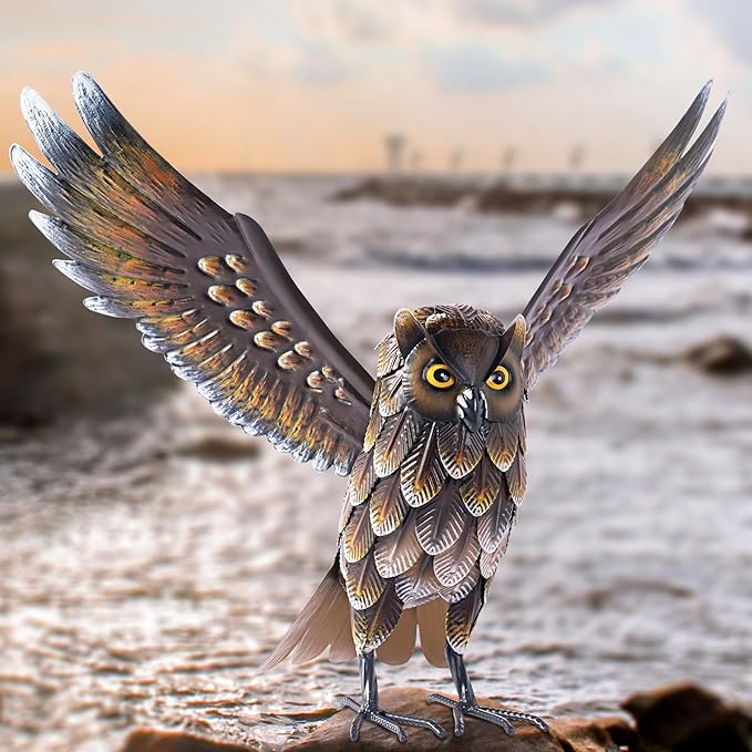 Natelf Garden Owl Sculptures & Statues, Standing Metal Bird Yard Art Sculpture for Patio Backyard Pond Outdoor Decorations