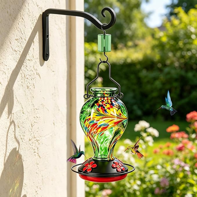 Hand Blown Glass Hummingbird Feeders for Outdoors Hanging, 24oz Wild Bird Nectar Feeder with Ant Moat and Perch, Bee-Resistant Ports, Garden Decor, Gifts for Women Mom, 1 Pack, Green Phoenix