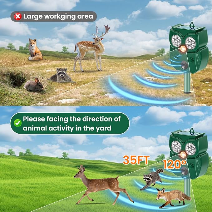 Solar Ultrasonic Animal Repellent Outdoor, 2Pack Waterproof Deer Repellent Devices with RIP Motion Sensor LED Flashing Lights, Cat, Raccoons, Skunks, Rabbits Deer Deterrent Outdoor
