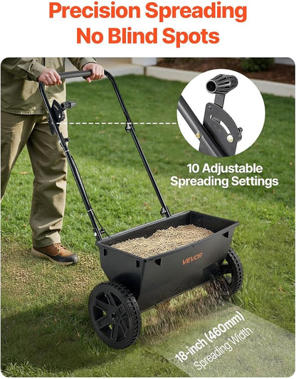 VEVOR Broadcast Spreader, 50LBS Capacity, Drop Spreader with Hopper Grate, 18 in Spreading Width & 30 Settings, 10 in All Terrain Tires, Garden & Lawn Spreaders for Seed, Fertilizer