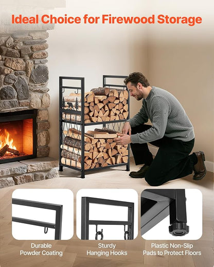 VEVOR Indoor Firewood Rack, 1.3 ft 2-Tier Firewood Holder with Fireplace Tools, Brush, Shovel, Poker, Tongs, Heavy Duty Log Wood Rack, 400 lbs Weight Capacity, Wood Pile Storage Stacker for Fire Pit