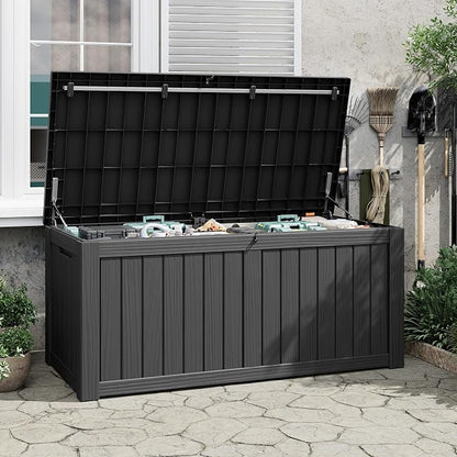 Outdoor Storage Box, 150 Gallon Deck Box with Lockable Lid, Waterproof Resin Storage Bin for Cushions, Garden Tools, Patio Furniture, Black