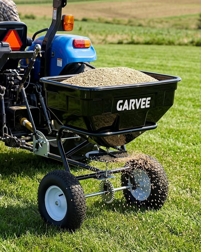 Tow Behind Broadcast Spreader, 125 LBS Large Capacity Universal Hook Tow & Push Lawn Spreader, 9.8 ft Spreading Width 30 Adjustable Settings, Compatible with UTV ATV Riding Mower & Most Tractors