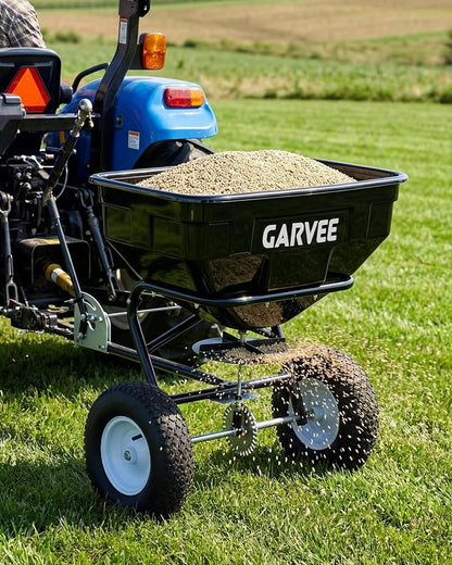 Tow Behind Broadcast Spreader, 125 LBS Large Capacity Universal Hook Tow & Push Lawn Spreader, 9.8 ft Spreading Width 30 Adjustable Settings, Compatible with UTV ATV Riding Mower & Most Tractors