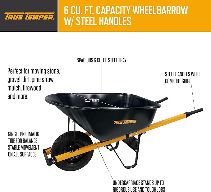 True Temper Wheelbarrow with Pneumatic Tire and Steel Handles, 6 Cu. Ft