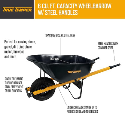 True Temper Wheelbarrow with Pneumatic Tire and Steel Handles, 6 Cu. Ft