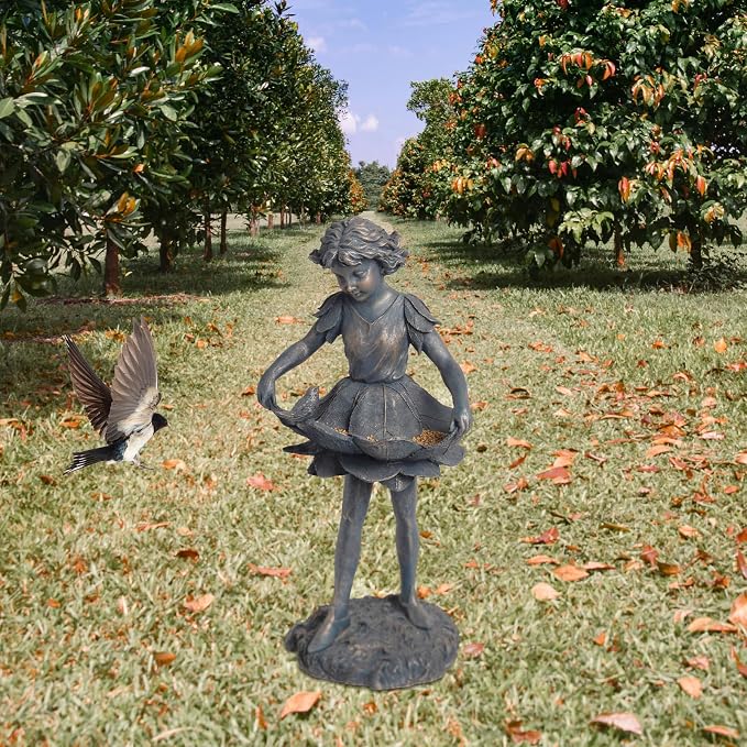 Outdoor Garden Statues - Bird Bath & Feeder Combo - Standing Angel Fairy Statues, 14.25*12.25*28.75 Inch