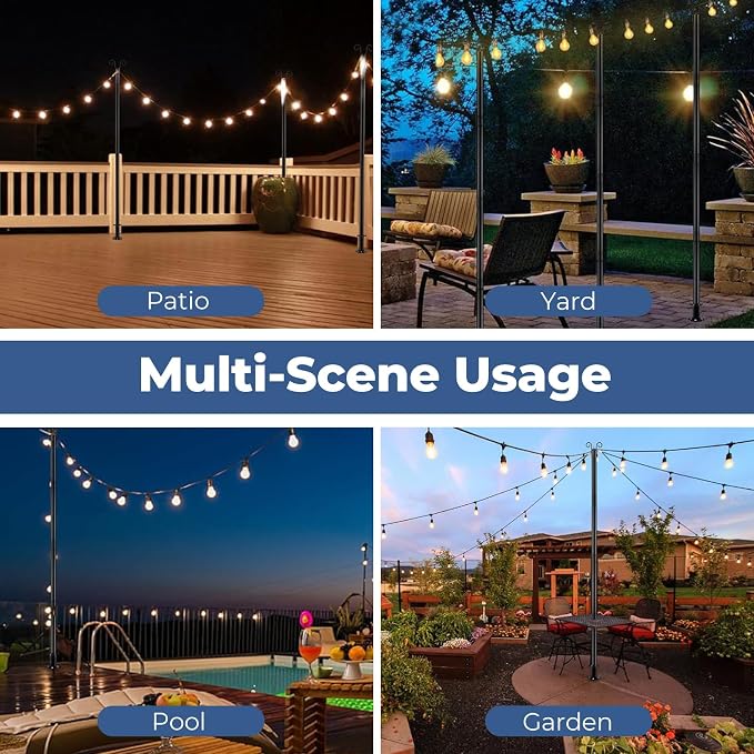 Heavy Duty String Light Poles 8 FT (2 Pack) - Outdoor Patio Deck Light Poles for Outside with Anchor Base and Mounting Bracket, Waterproof Garden Backyard Pole for Wedding Party Garden