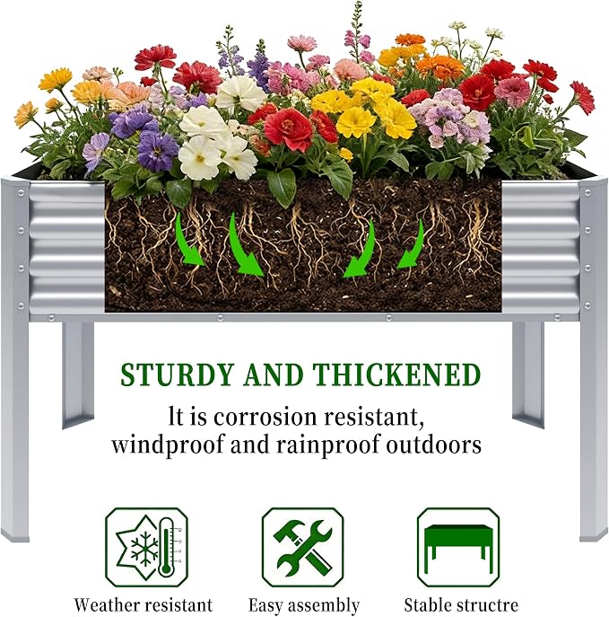 Galvanized Raised Garden Bed with Legs, 43×24×32in Large Metal Elevated Raised Planter Box with Drainage Holes for Backyard, Patio, Balcony, 400lb Capacity,Sliver