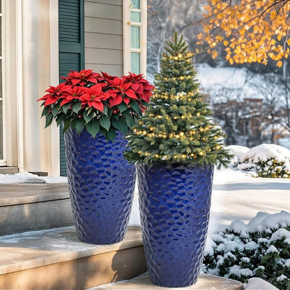 23.75" Cobalt Blue Plastic Tall Planters with Honeycomb Texture | Set of 2 PP tall planters with cobalt blue honeycomb texture, drainage plugs, and UV-treated finish for porch or patio