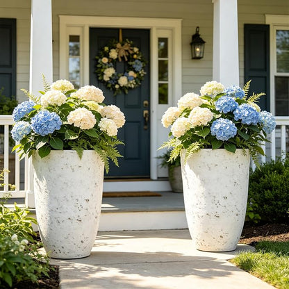 Autodaya 19.5" Resin Tall Planters for Outdoor Plants, Set of 2 Flower Pots | Country White Large Outdoor Planters With Birch Bark Texture, Heavy-Duty, Weather-Resistant For Year Round Indoor Outdoor Use