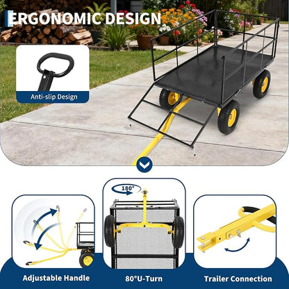 Heavy Duty 1500 Lbs Capacity Mesh Steel Garden Cart Folding Utility Wagon with Removable Sides, Garden Cart on Wheels for Gardening Soil, Tools, and Plant Transport