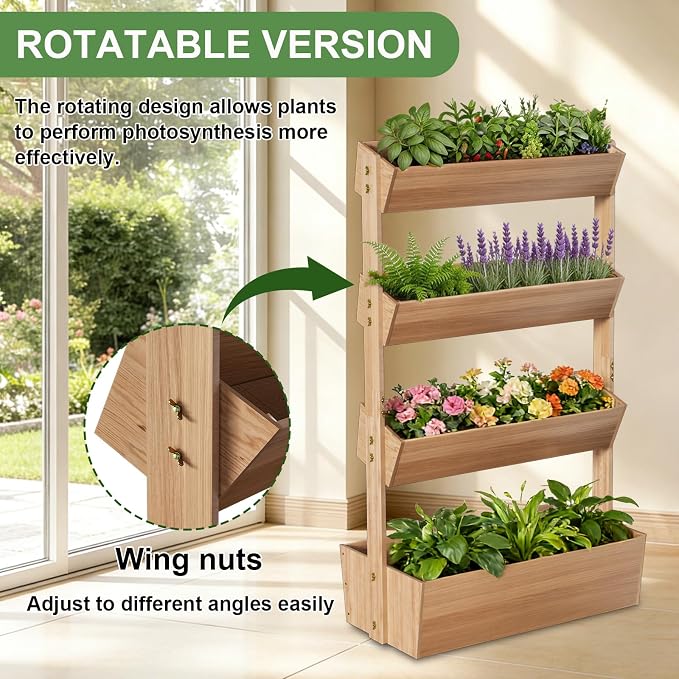Baotree 4 Tiers Vertical Wooden Raised Garden Bed, Tiered Standing Garden Planters Outdoor, Garden Tower Wooden Planter Box for Planting Herbs Flowers Vegetables Indoor Outdoor Gardening