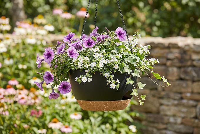 Hanging Planters 3-Pack, 8 Inch Self-Watering Hanging Pots with Drainage Hole and Chains, Plastic Planters for Indoor Outdoor（Black Brown）